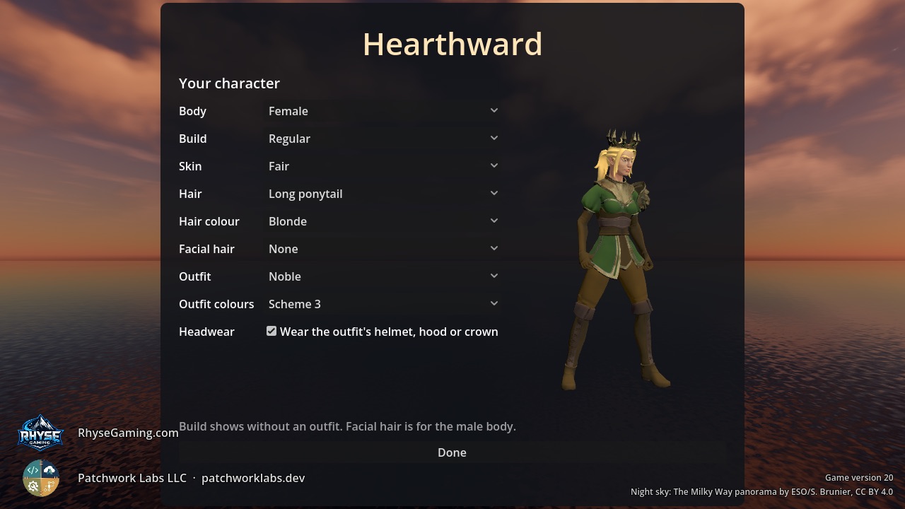 The character creator, showing a character in a green noble outfit