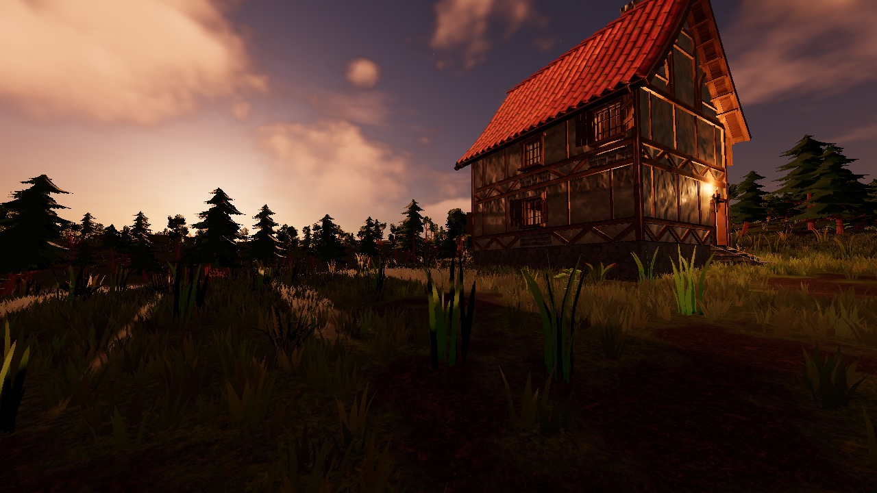 A timber-framed house with a lamp lit by the door, in a meadow at dusk