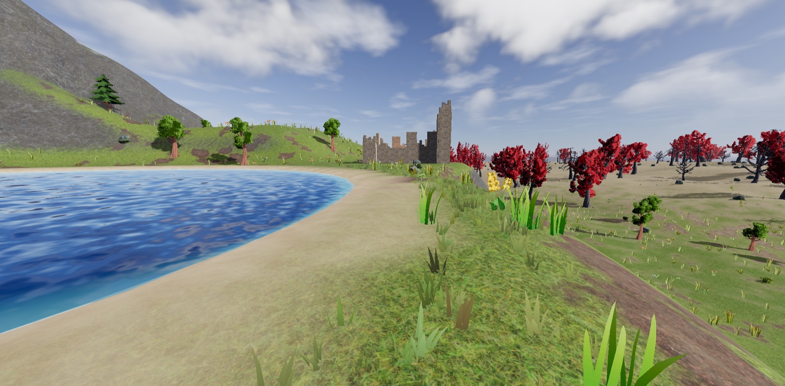 A lake shore with a ruined tower and crimson trees