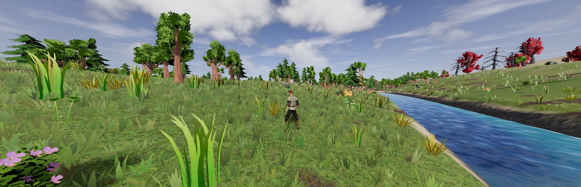 A character walking through tall grass beside a river, with pine and red-leaved trees