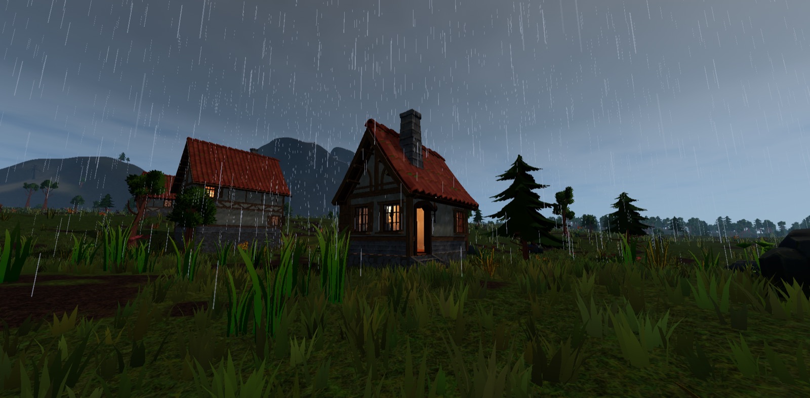 Rain falling on a village of cottages at dusk, with warm light in the windows