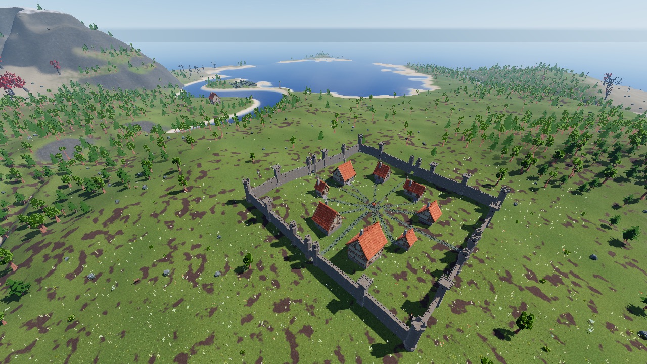 A walled town of red-roofed houses seen from above, with a lake and islands beyond